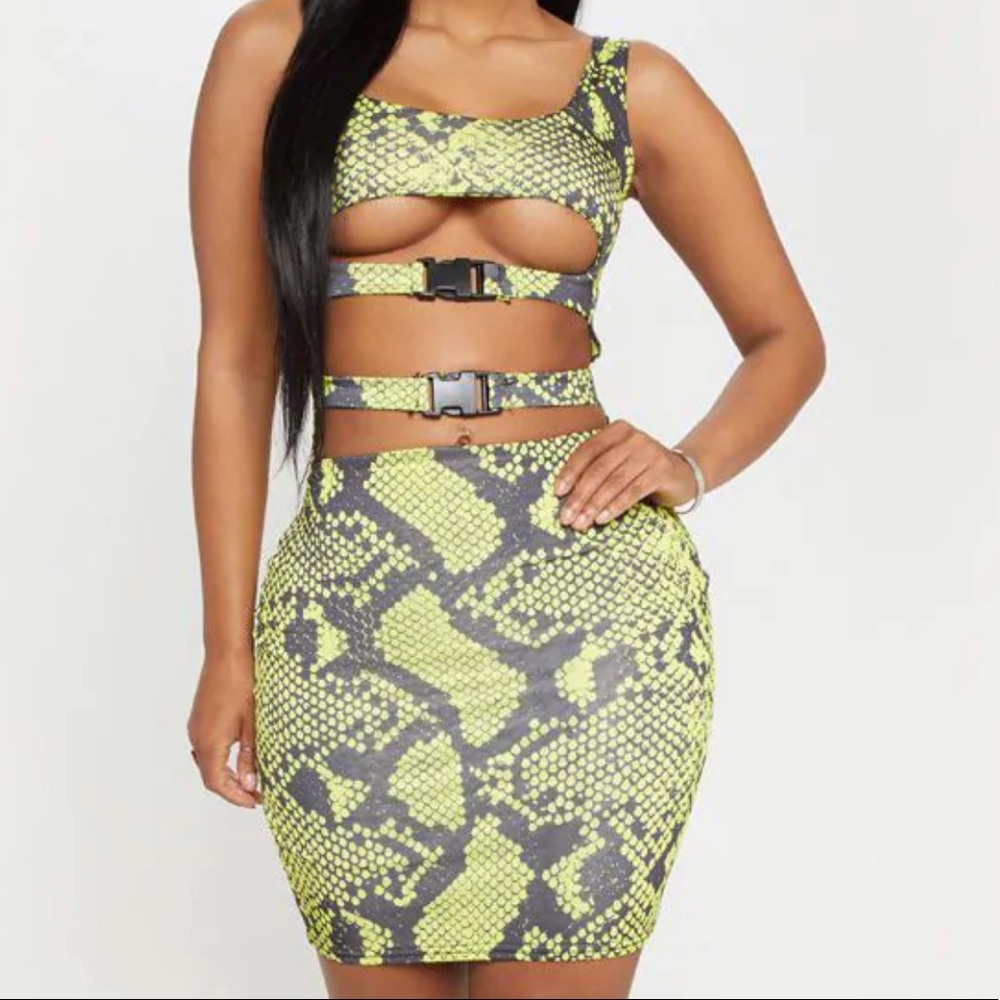 Neon Lime Snake Slinky Buckle Bodycon Dress